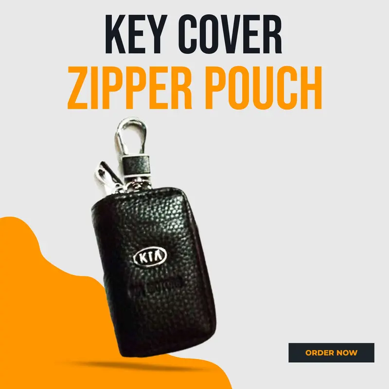 Kia Zipper Matte Leather Key Cover Pouch Black With Keychain Ring 1