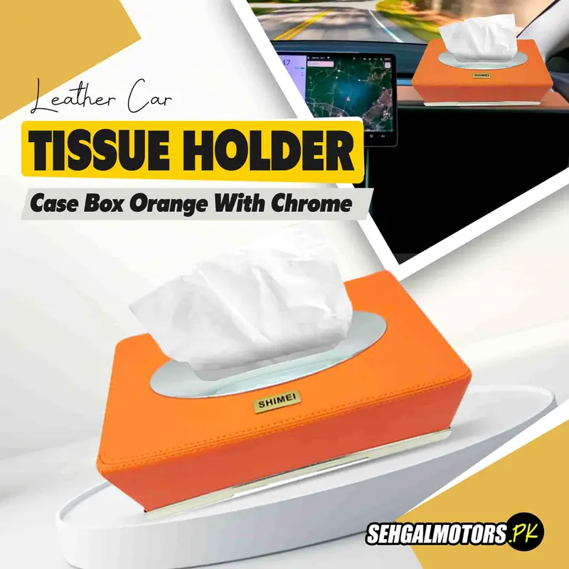 Leather Car Tissue Holder Case Box Orange With Chrome 1