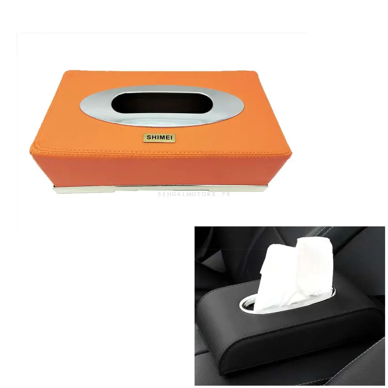 Leather Car Tissue Holder Case Box Orange With Chrome 2