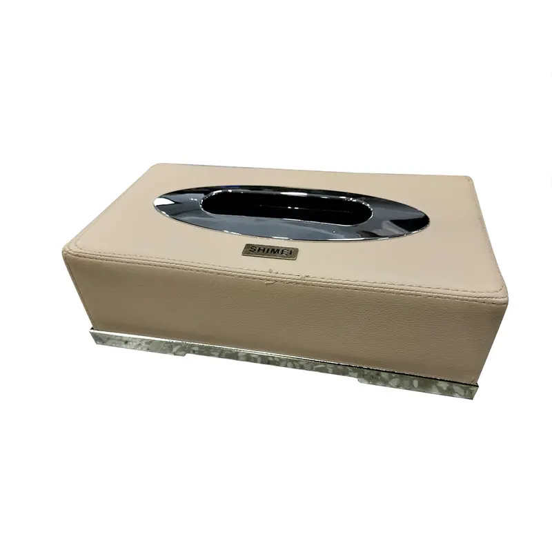 Leather Tissue Box With Chrome -Beige A70347 2