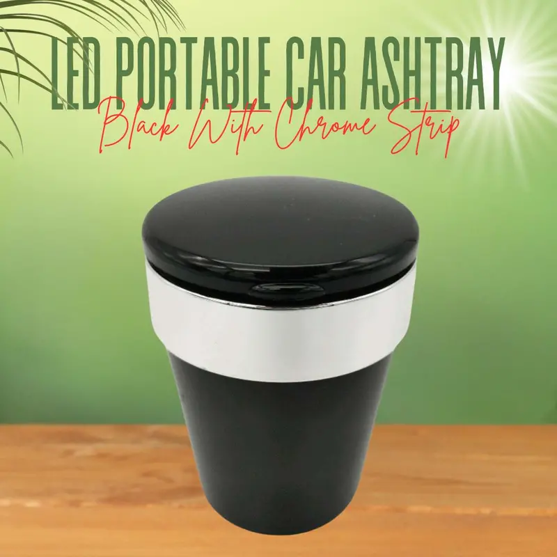 Led Portable Car Ashtray Black With Chrome Strip 1