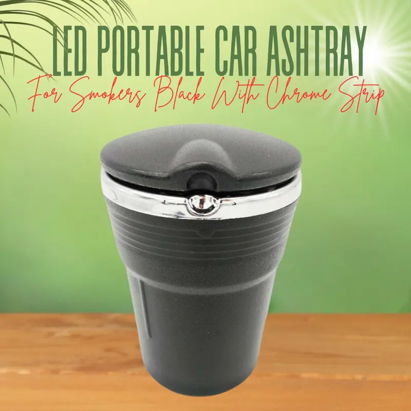 Led Portable Car Ashtray For Smokers Black With Chrome Strip 1