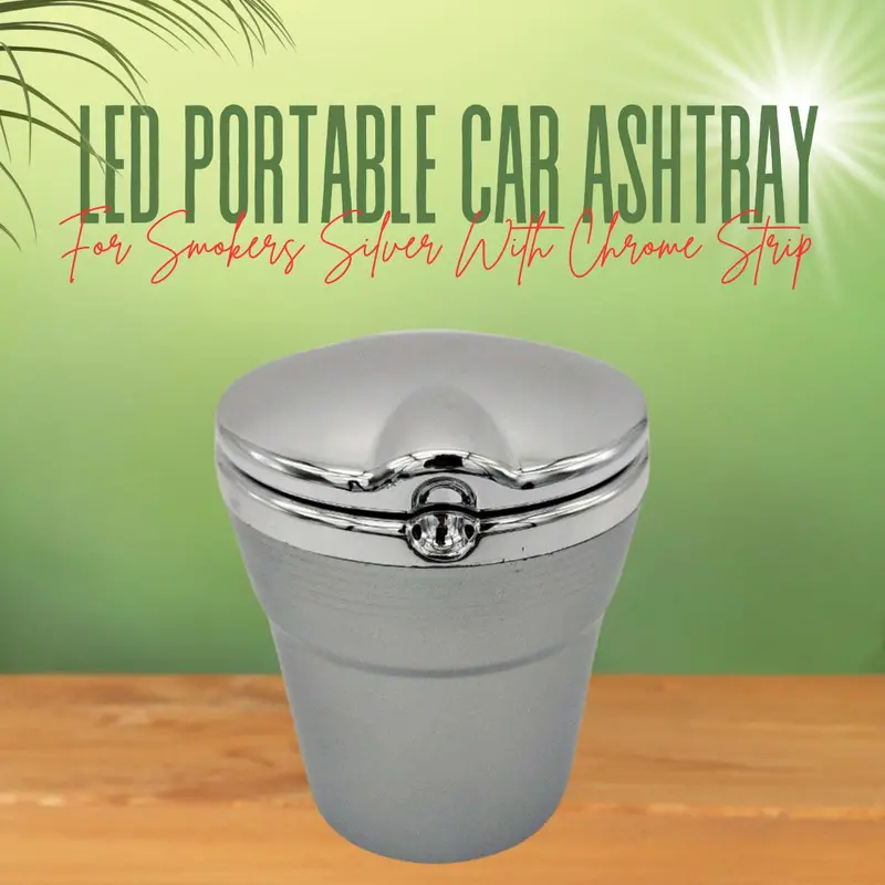 Led Portable Car Ashtray For Smokers Silver With Chrome Strip 1
