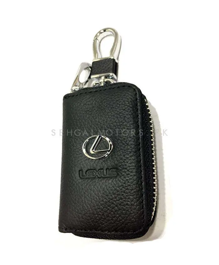 Lexus Zipper Matte Leather Key Cover Pouch Black With Keychain Ring 2