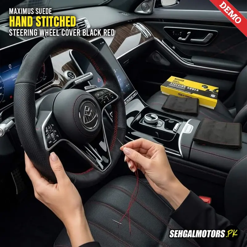 Maximus Suede Hand Stitched Car Steering Wheel Cover Black Red 1