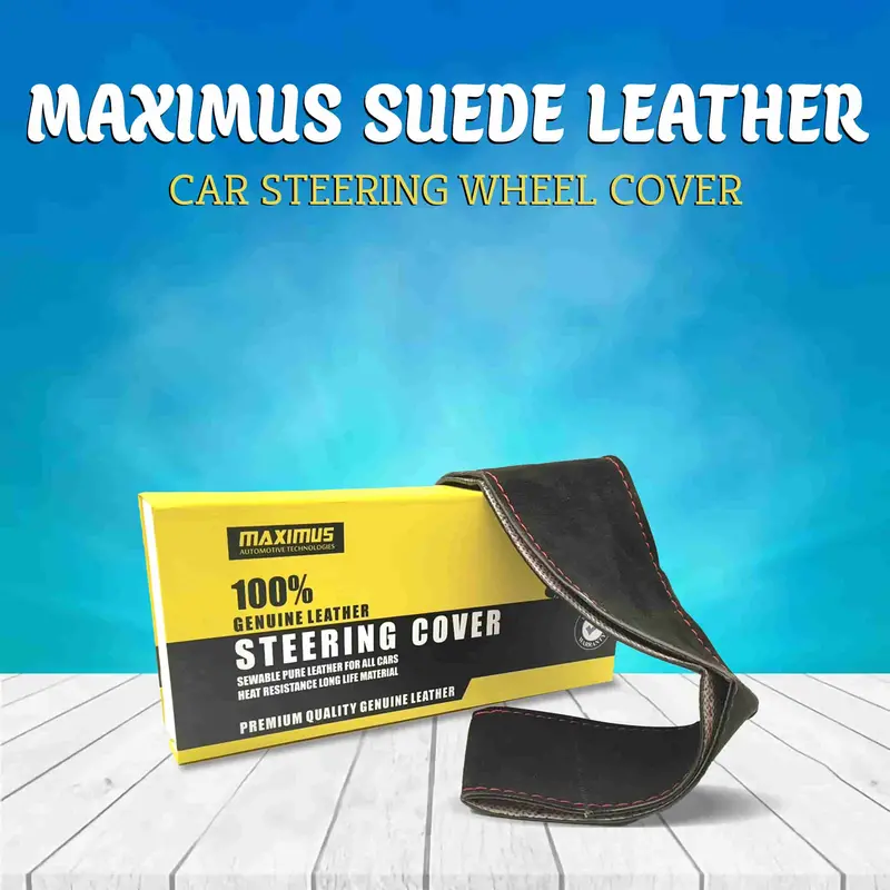 Maximus Suede Leather Car Steering Wheel Cover - Anti Non Slip | Black - Multi Stitch 1