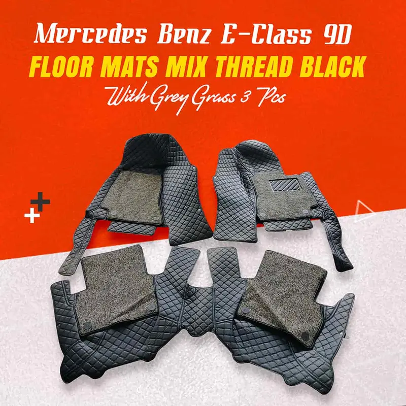 Mercedes Benz E-Class 9D Floor Mats  3 Pcs - Model 2016-2018 - Mix Thread Black With Grey Grass 1