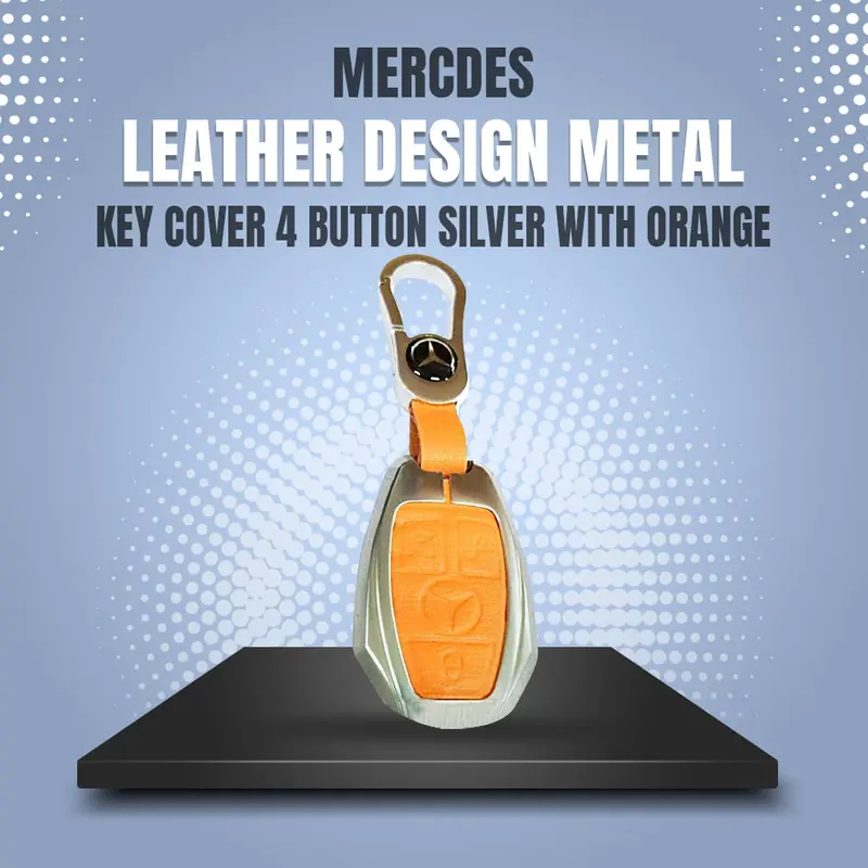 Mercedes Leather Design Metal Key Cover 4 Button Silver With Orange 1