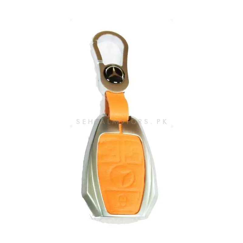 Mercedes Leather Design Metal Key Cover 4 Button Silver With Orange 2