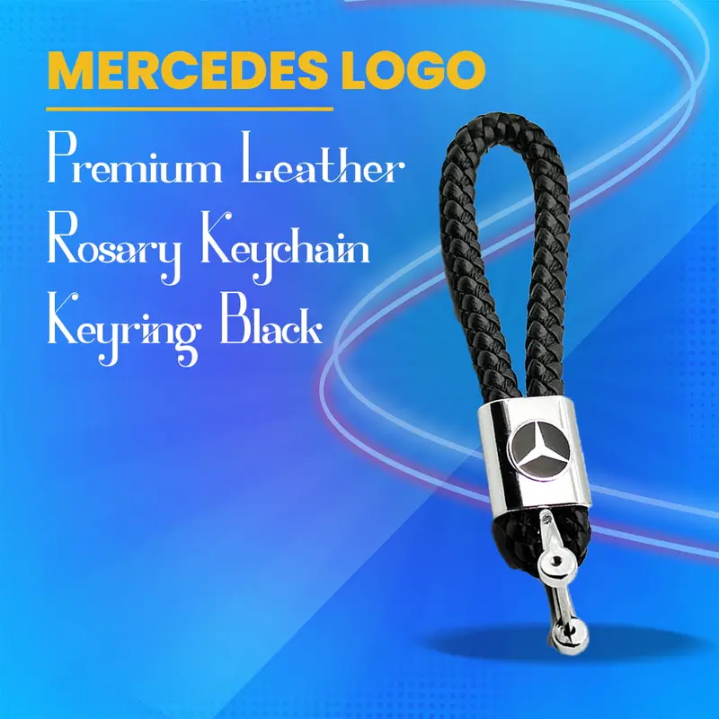Mercedes Logo Black Premium Braided Leather Keychain Keyring 1