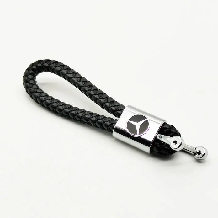 Mercedes Logo Black Premium Braided Leather Keychain Keyring 2