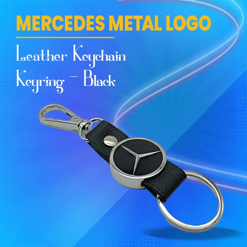 Mercedes Metal Logo Leather Keychain Keyring - Black 1