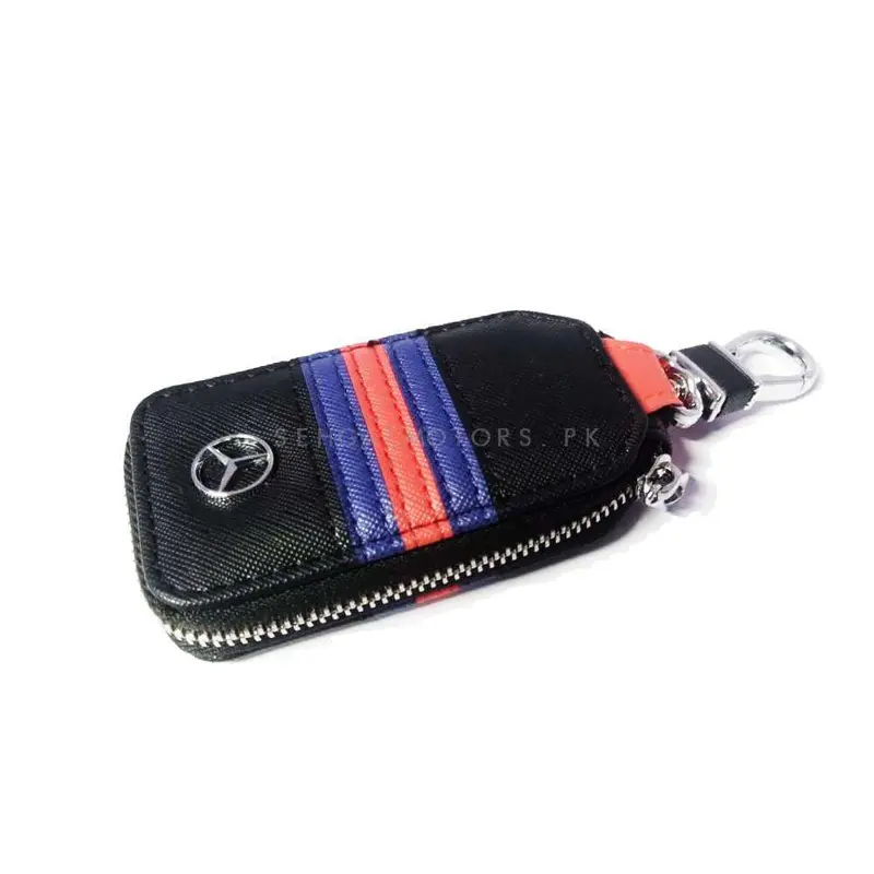 Mercedes Zipper Jeans Key Cover Pouch Black With Red Blue - Strip Keychain Ring 2