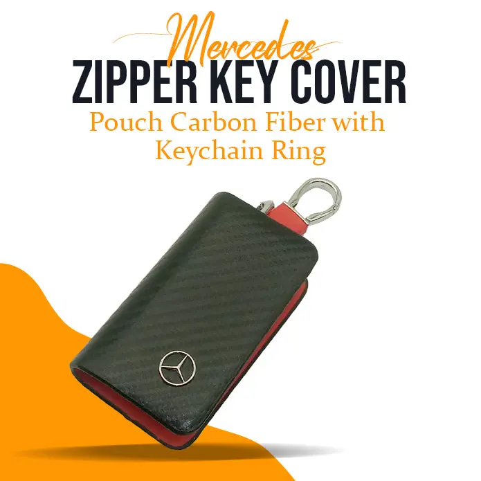 Mercedes Zipper Key Cover Pouch Carbon Fiber With Keychain Ring 1