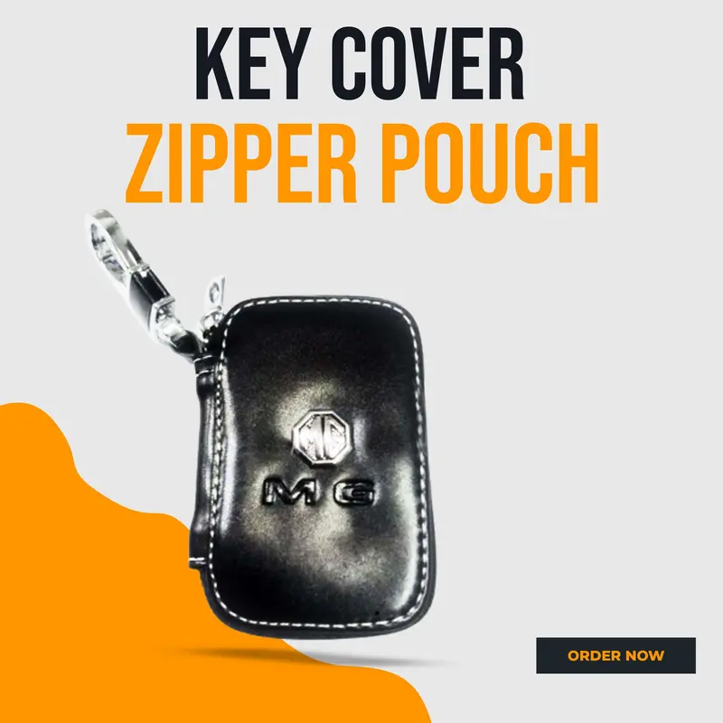 Mg Zipper Glossy Leather Key Cover Pouch Black - With Keychain Ring - Multi Stitch 1