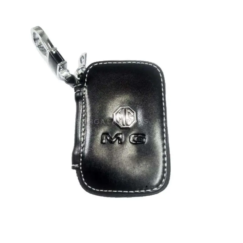 Mg Zipper Glossy Leather Key Cover Pouch Black - With Keychain Ring - Multi Stitch 2