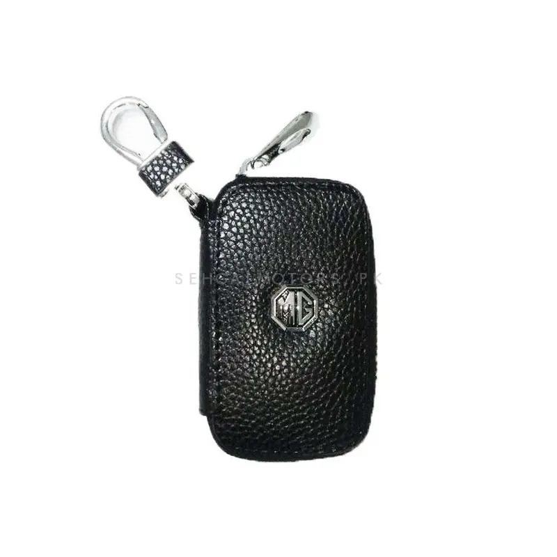 Mg Zipper Matte Leather Key Cover Pouch Black With Keychain Ring 2