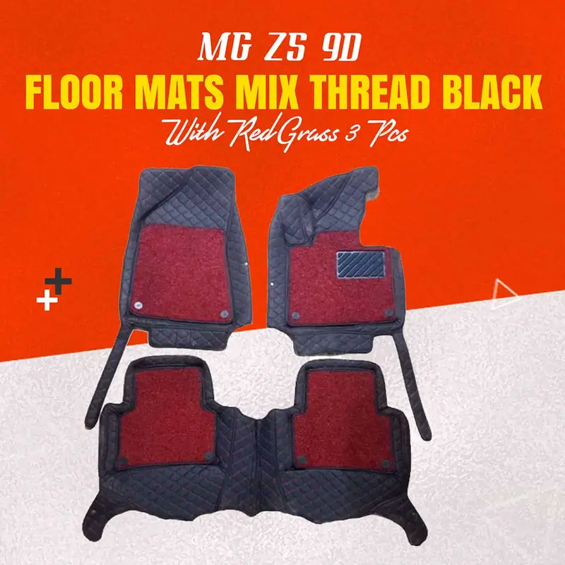 Mg Zs 9D Floor Mats Mix Thread Grass 3 Pcs 2020 - 2025 - Black With Red 1