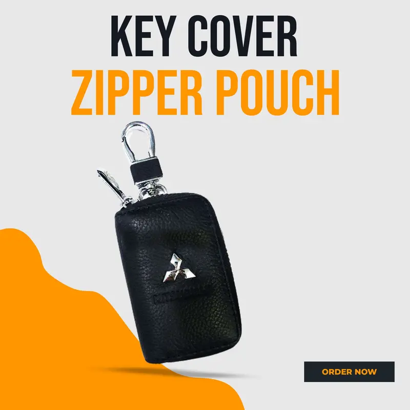 Mitsubishi Zipper Matte Leather Key Cover Pouch Black With Keychain Ring 1