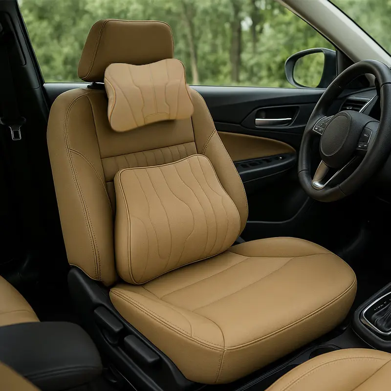 Motorsports Embossed Nappa Leather Memory Foam Lumbar Support Cushions Set (Headrest + Backrest) 1