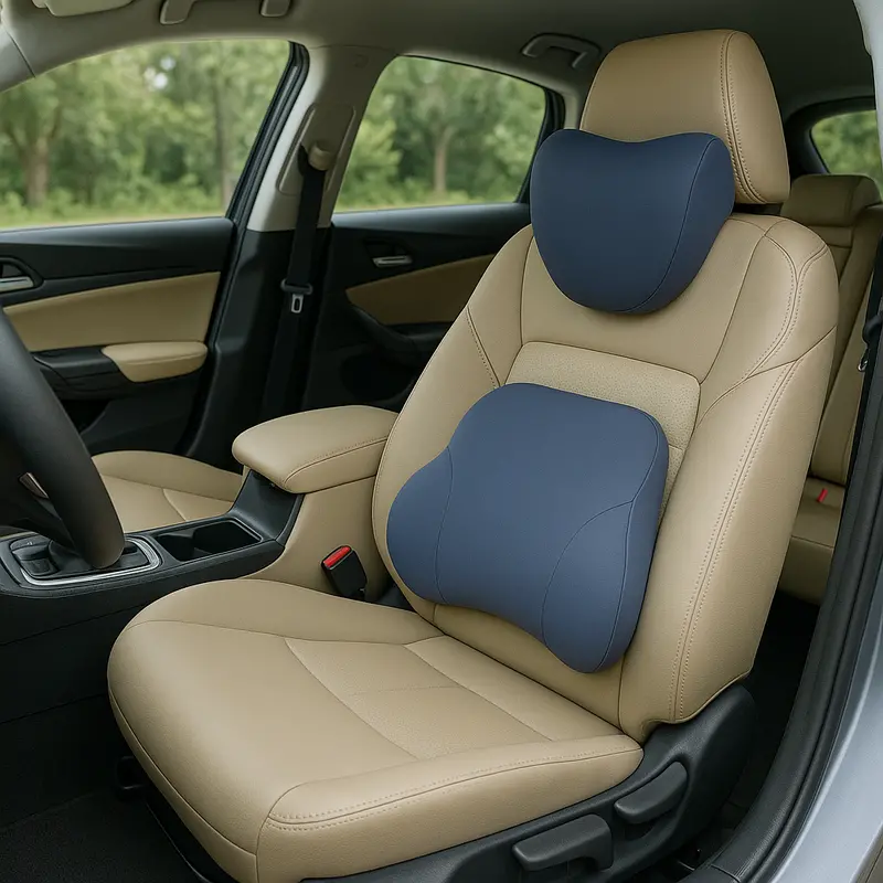 Motorsports Smooth Memory Foam Car Seat Cushion Set (Headrest + Backrest) Blue Grey 1