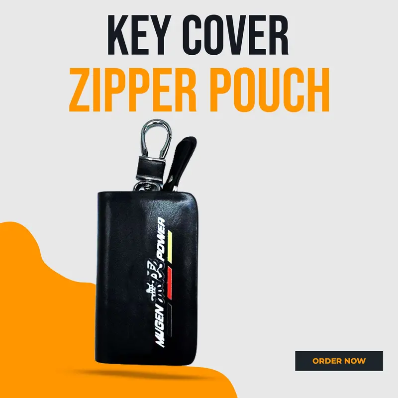 Mugen Power Zipper Glossy Leather Key Cover Pouch Black With Keychain Ring 1