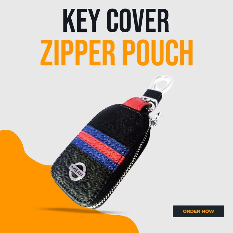Nissan Zipper Jeans Key Cover Pouch Black With Red Blue Strip Keychain - Ring 1