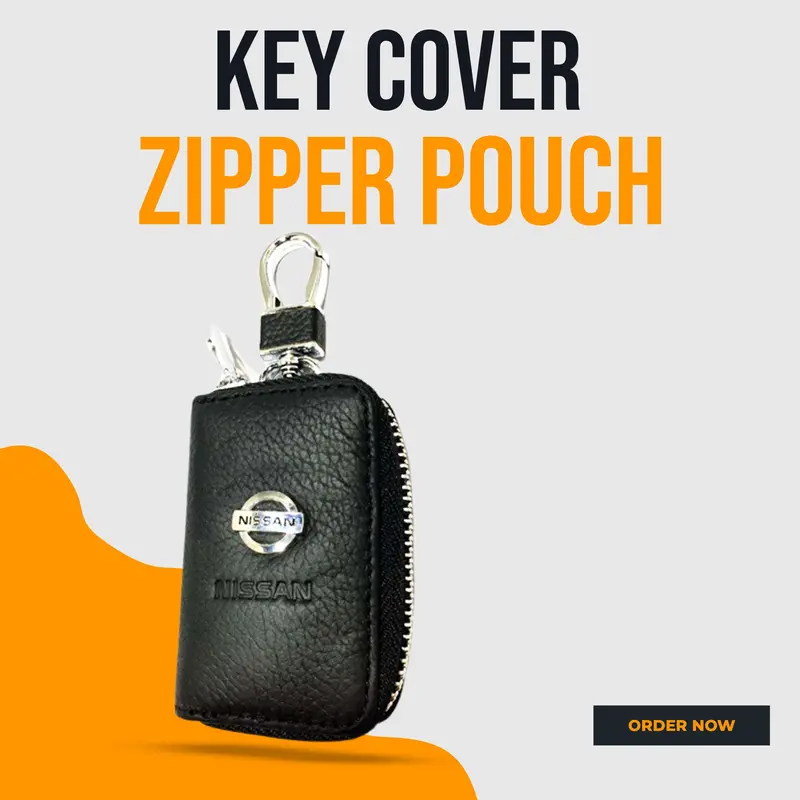 Nissan Zipper Matte Leather Key Cover Pouch Black With Keychain Ring 1