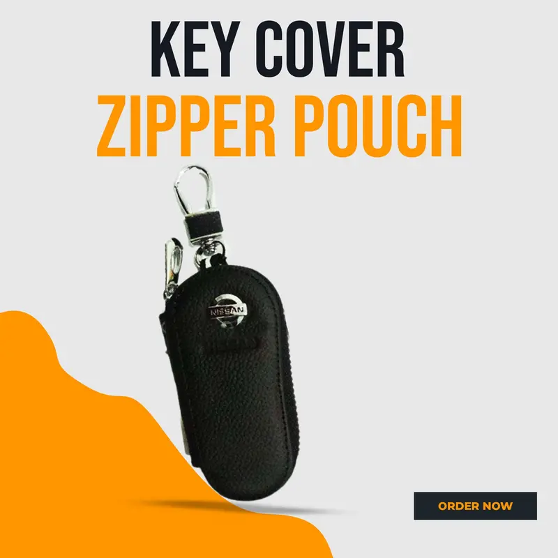 Nissan Zipper Matte Leather Key Cover Pouch Black With Keychain Ring 1
