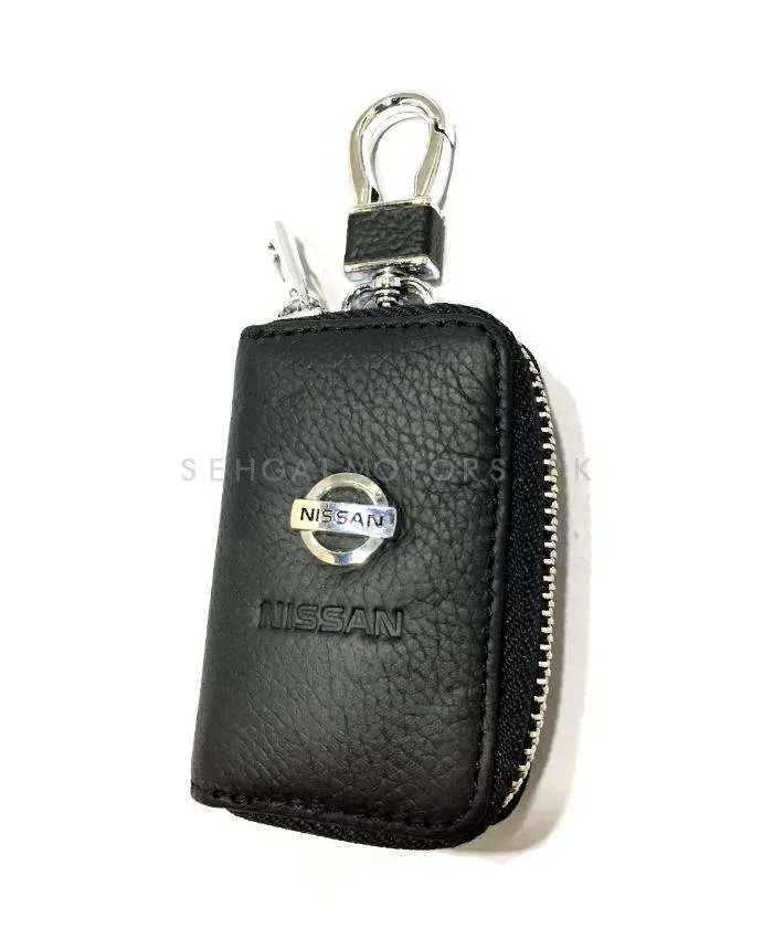 Nissan Zipper Matte Leather Key Cover Pouch Black With Keychain Ring 2