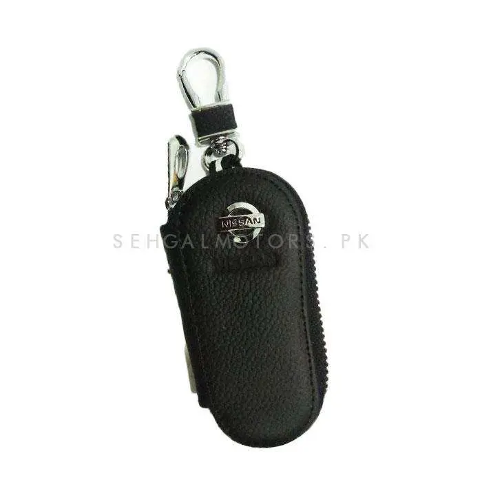 Nissan Zipper Matte Leather Key Cover Pouch Black With Keychain Ring 2