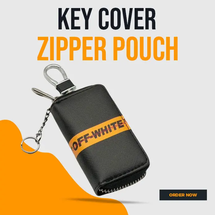 Off-White Zipper Matte Leather Key Cover Pouch Black With Keychain - Ring 1