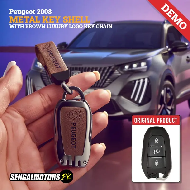 Peugeot 2008 Metal Key Shell Case Cover Brown With Logo 2022-2024 - Key Chain - Replacement Casing 1