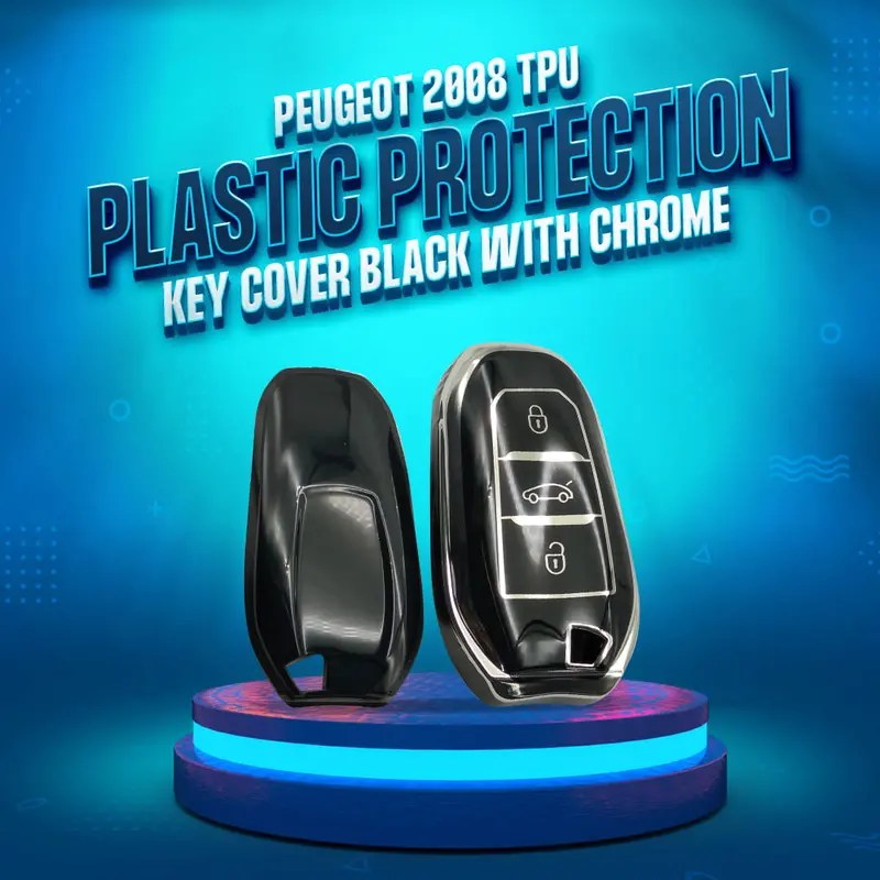 Peugeot 2008 Tpu Plastic Key Cover Black & Chrome 3 Button 2022 - 2025 1