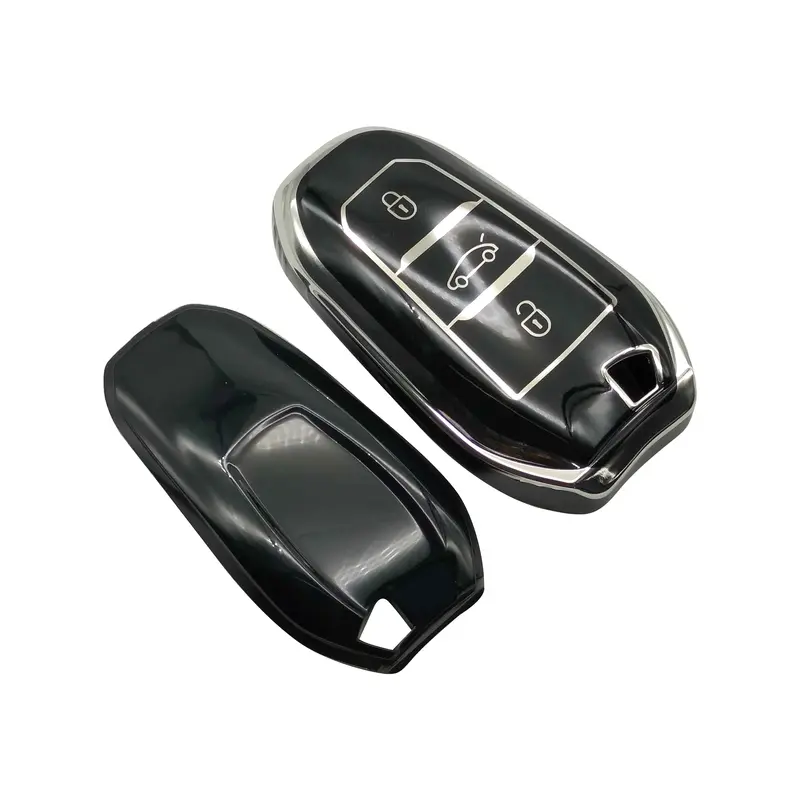 Peugeot 2008 Tpu Plastic Key Cover Black & Chrome 3 Button 2022 - 2025 2
