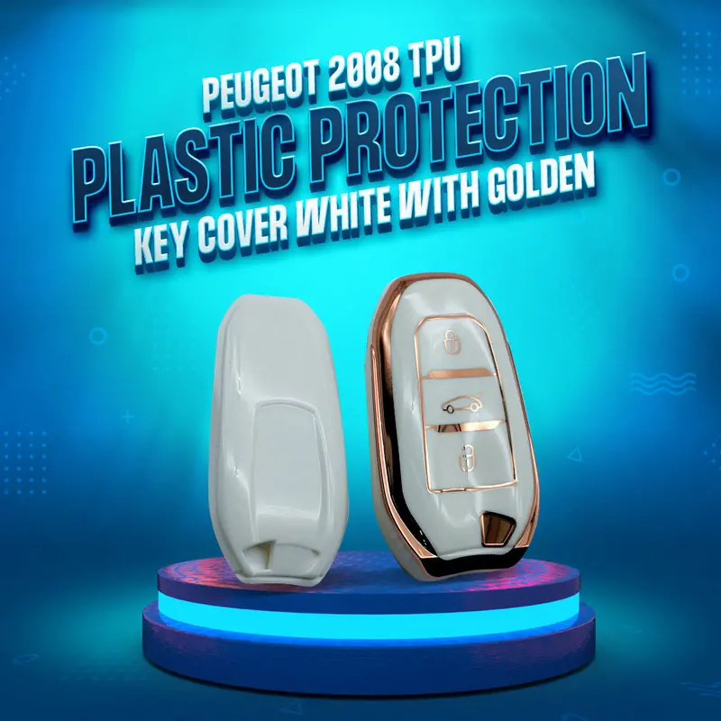 Peugeot 2008 Tpu Plastic Protection Key Cover 3 Buttons 2022 - 2025 - White With Golden 1