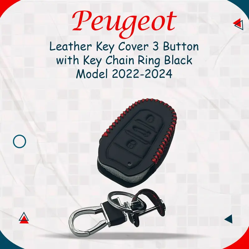 Peugeot Leather Key Cover 3 Buttons With Key Chain 2022 - 2025 - - Ring Black 1