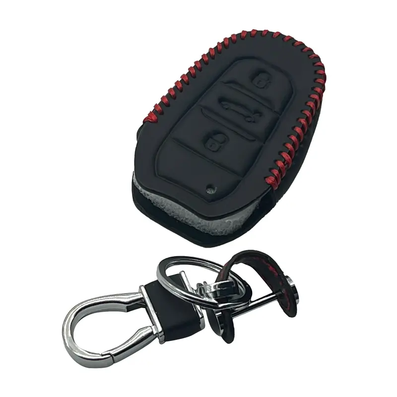 Peugeot Leather Key Cover 3 Buttons With Key Chain 2022 - 2025 - - Ring Black 2