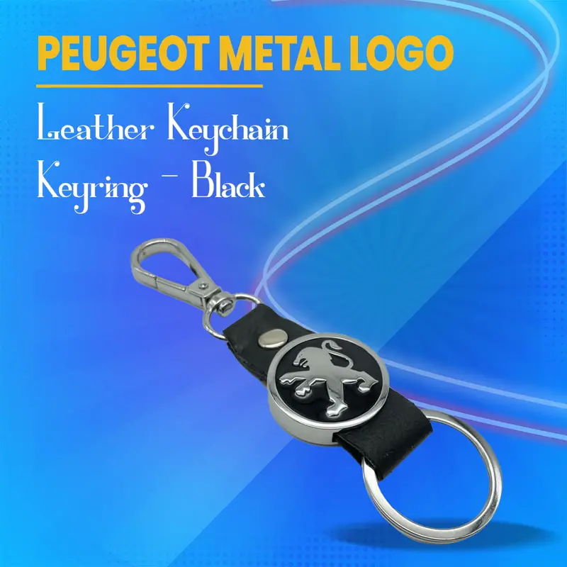 Peugeot Metal Logo Leather Keychain Keyring - Black 1