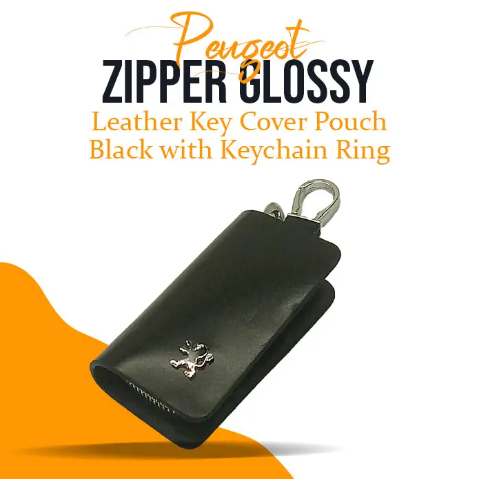 Peugeot Zipper Glossy Leather Key Cover Pouch Black With Keychain Ring 1