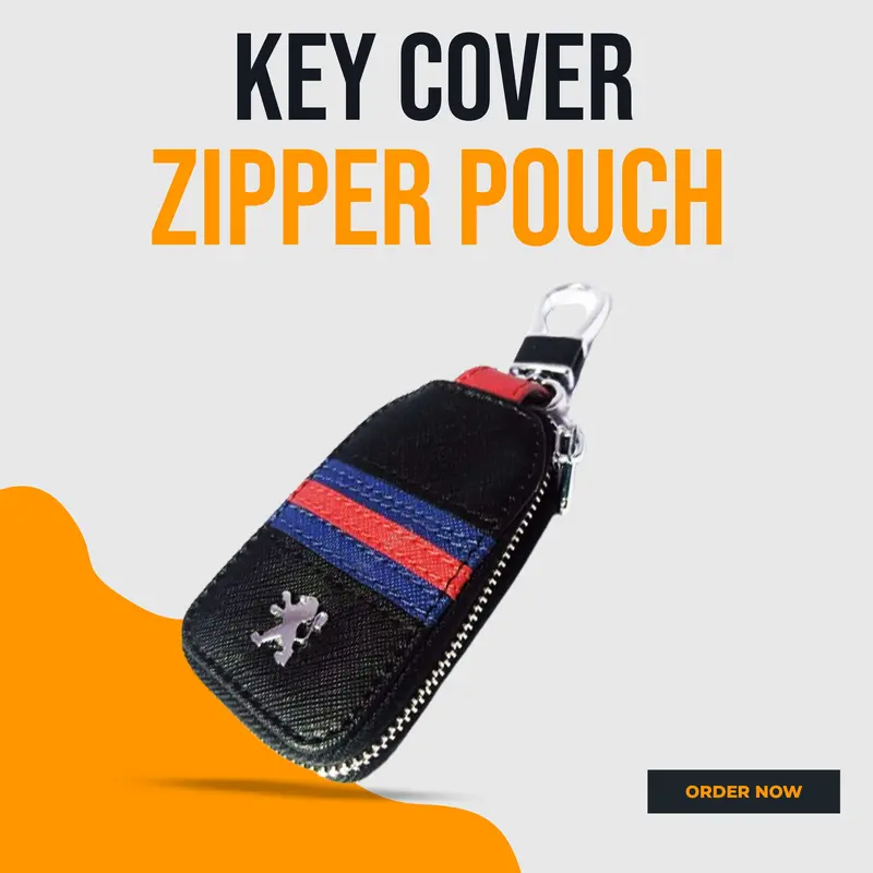 Peugeot Zipper Jeans Key Cover Black With Red Blue Strip Keychain - Ring And Pouch 1