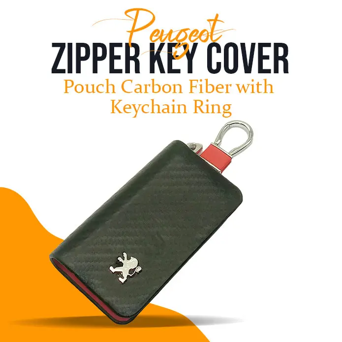 Peugeot Zipper Key Cover Pouch Carbon Fiber With Keychain Ring 1