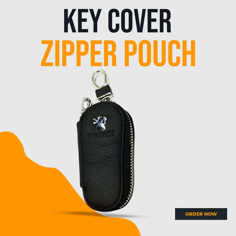 Peugeot Zipper Matte Leather Key Cover Pouch Black With Keychain Ring 1