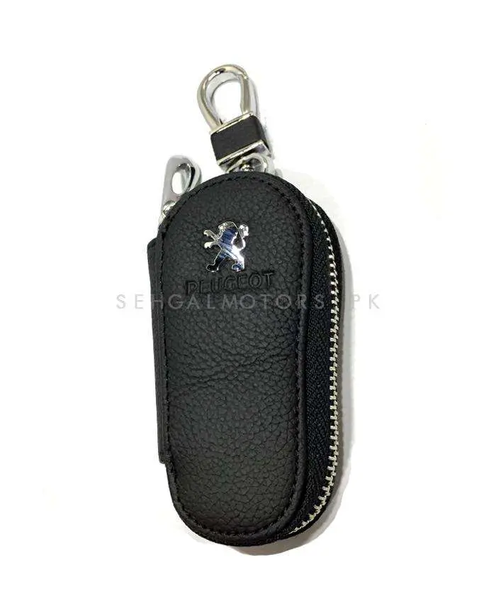 Peugeot Zipper Matte Leather Key Cover Pouch Black With Keychain Ring 2