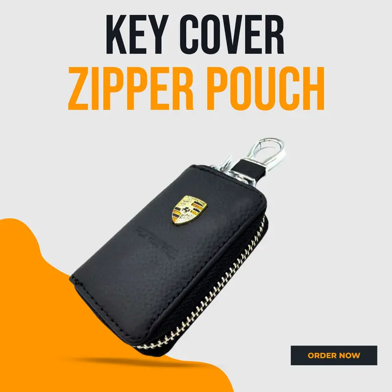 Porsche Zipper Matte Leather Key Cover Pouch Black With Keychain Ring 1
