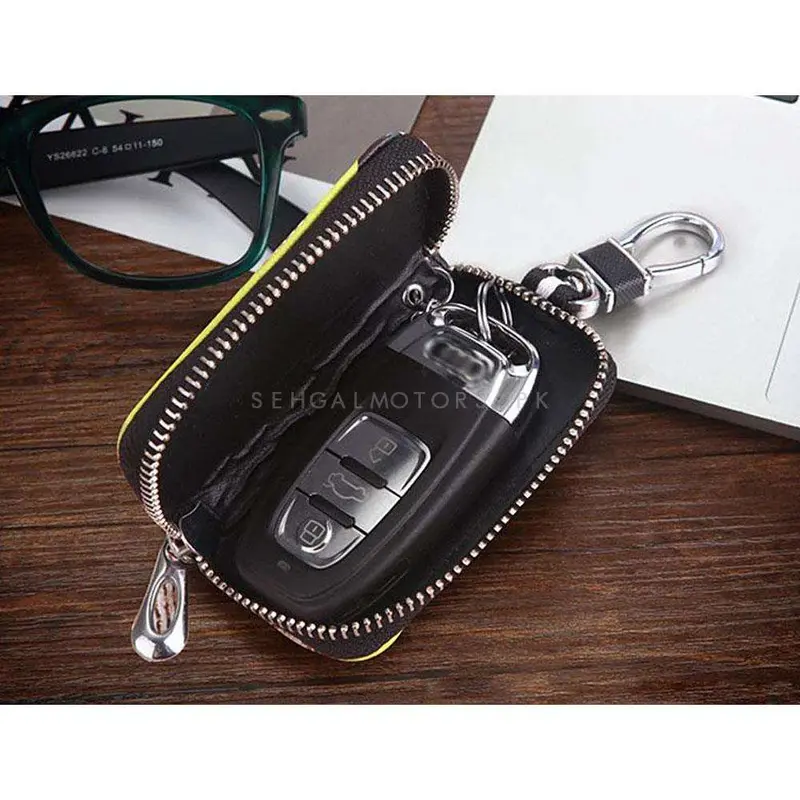 Porsche Zipper Matte Leather Key Cover Pouch Black With Keychain Ring 2