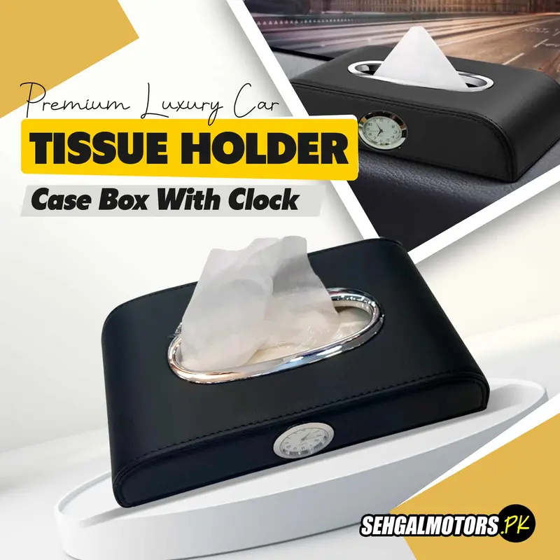 Premium Car Tissue Holder Case Box With Clock - Black With Chrome 1