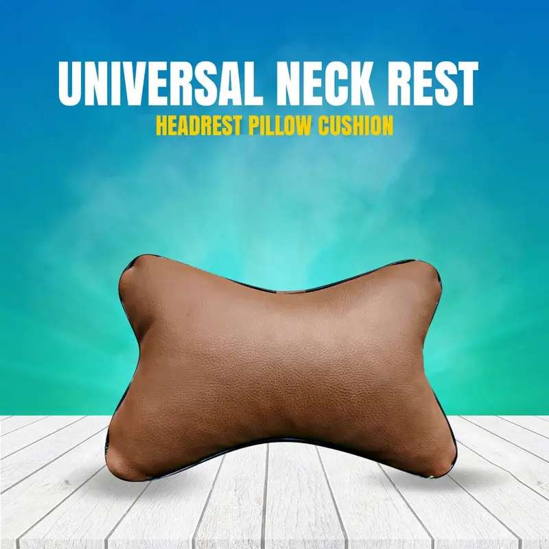 Premium Leather-Style Car Neck Rest Pillow – Brown With Black Piping - Pair 1