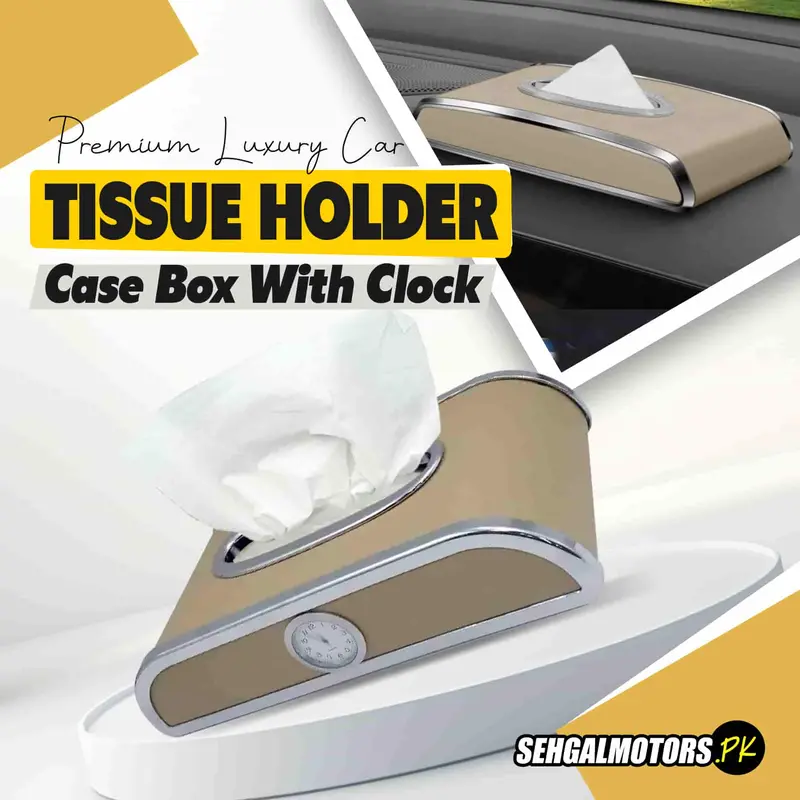 Premium Luxury Car Tissue Holder Case Box With Clock - Beige With Chrome 1