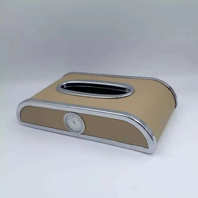Premium Luxury Car Tissue Holder Case Box With Clock - Beige With Chrome 2
